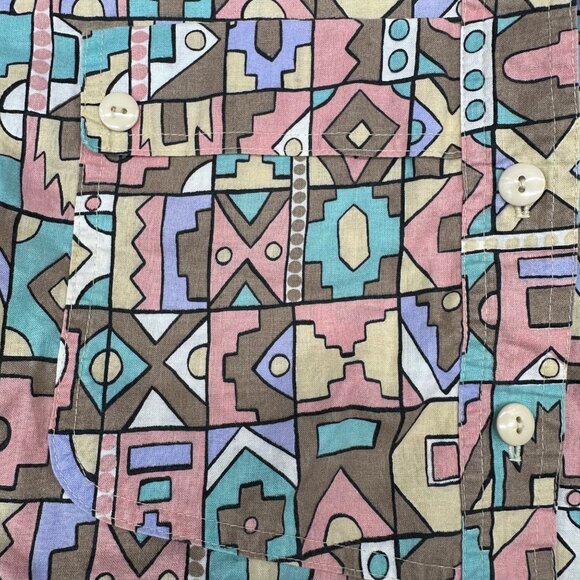 Vintage Aztec Shirt Geometric Pastel Tan Button Down Koret USA 1990s Womens - Picture 5 of 7